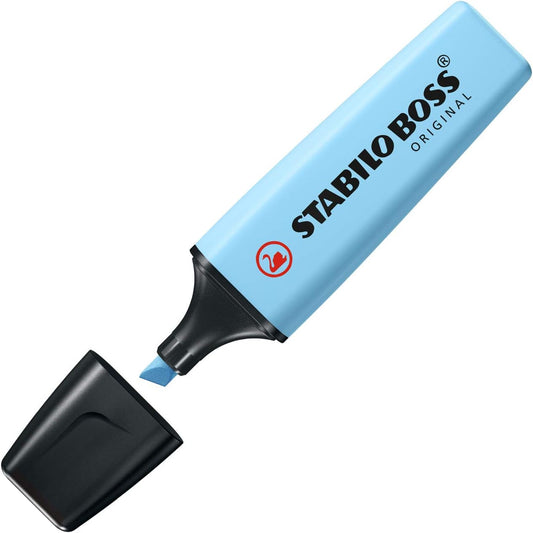 Stabilo BOSS Original Pastel highlighter in breezy blue with pastel yellow accents, showing the pen's design and cap.