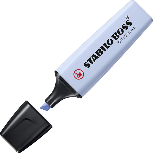 Stabilo BOSS ORIGINAL Pastel highlighter in cloudy blue with pastel yellow and pink accents, highlighting paper with vibrant colors.