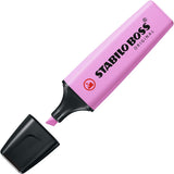 Stabilo BOSS Original Pastel highlighter in frozen fuchsia with a chisel tip, featuring a pastel pink ink color and ergonomic design