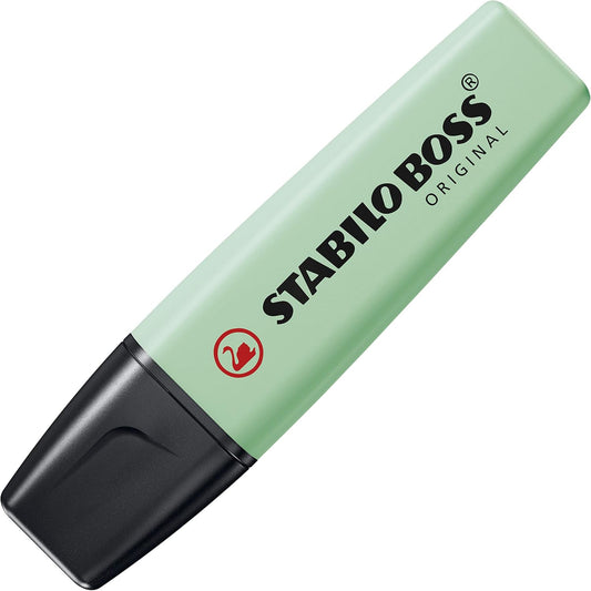 Stabilo Boss Original Pastel highlighter in mint green, with a chisel tip and pastel ink for highlighting text.