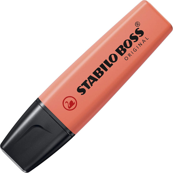 Stabilo BOSS ORIGINAL Pastel highlighter in mellow coral red with a yellow cap, highlighting text on paper.