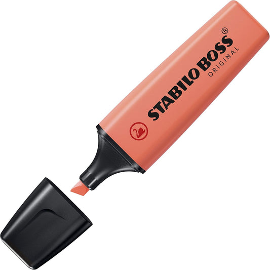 Stabilo BOSS ORIGINAL Pastel highlighter in mellow coral red, featuring a chisel tip and pastel ink for vibrant highlighting.