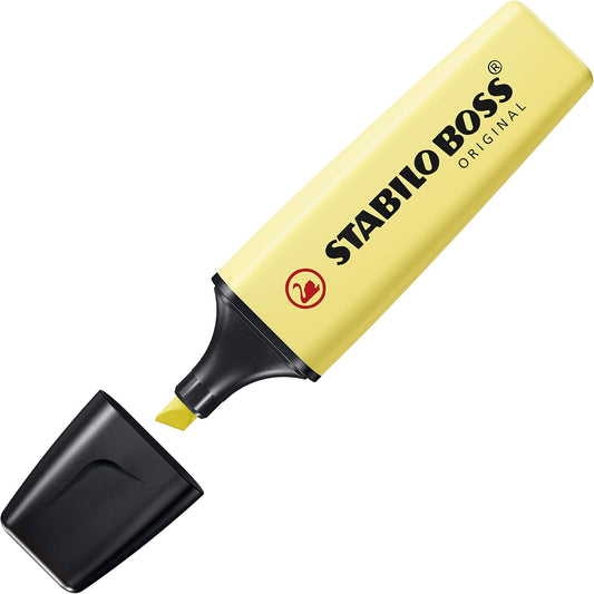 Stabilo BOSS ORIGINAL pastel highlighter in milky yellow with chisel tip on white background