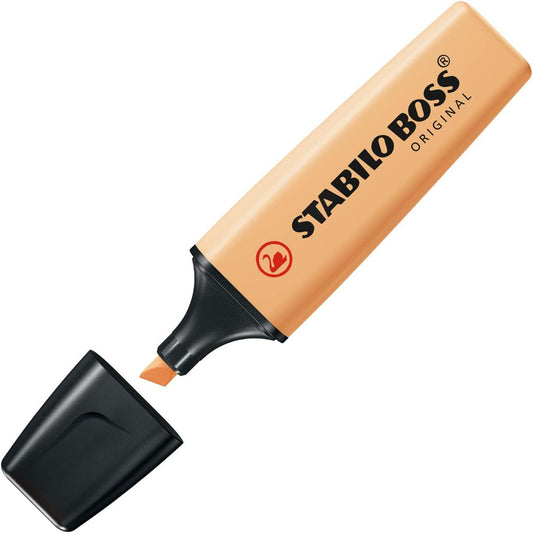 Stabilo BOSS ORIGINAL pastel highlighter in pale orange with chisel tip and vibrant ink for marking and highlighting text.
