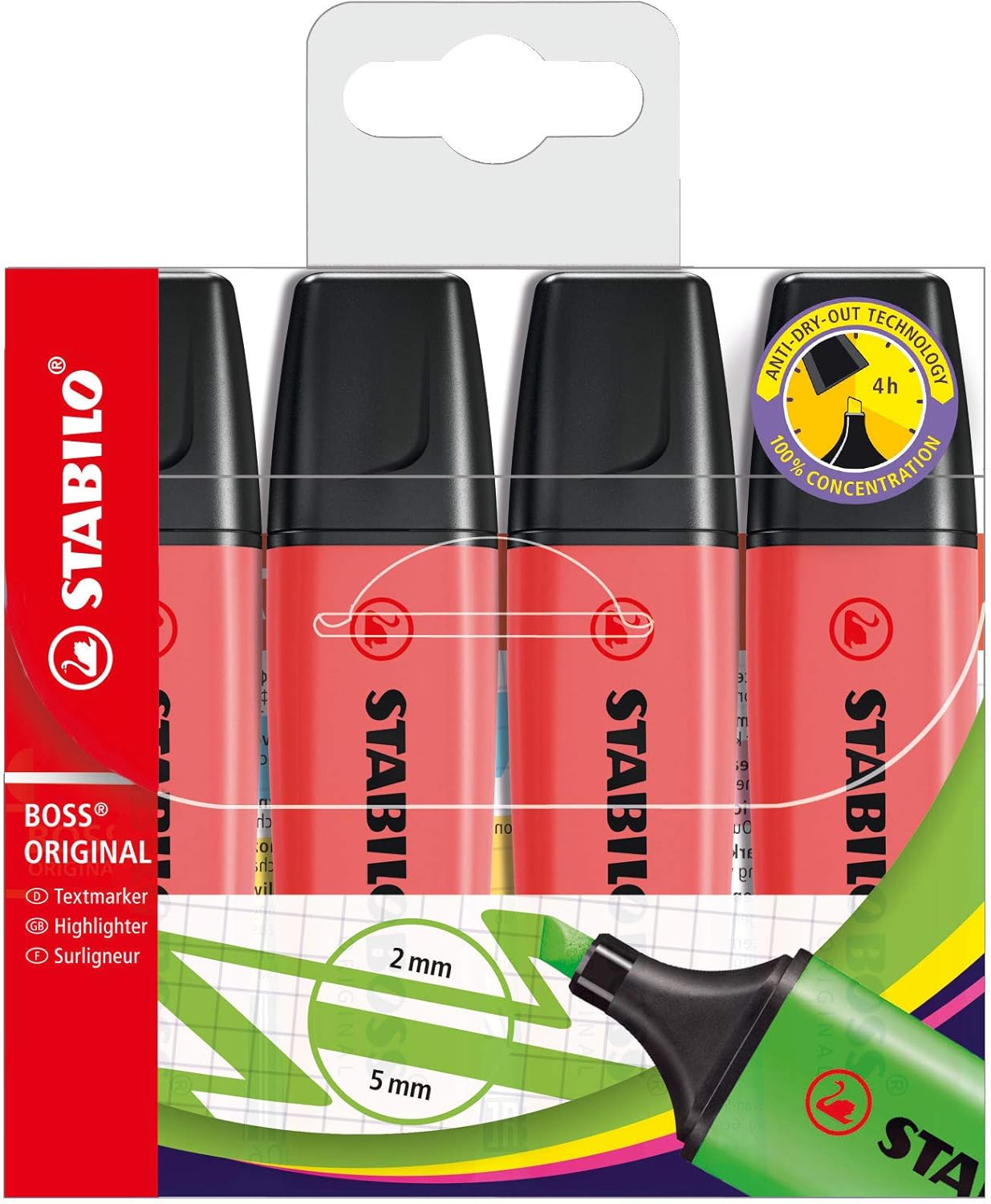 Red Stabilo BOSS ORIGINAL highlighters in a wallet of 4, with chisel tips for precise highlighting and marking.