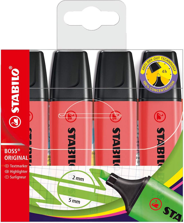 Red Stabilo BOSS ORIGINAL highlighters in a wallet of 4, with chisel tips for precise highlighting and marking.