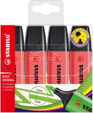 Red Stabilo BOSS ORIGINAL highlighters in a wallet of 4, with chisel tips for precise highlighting and marking.