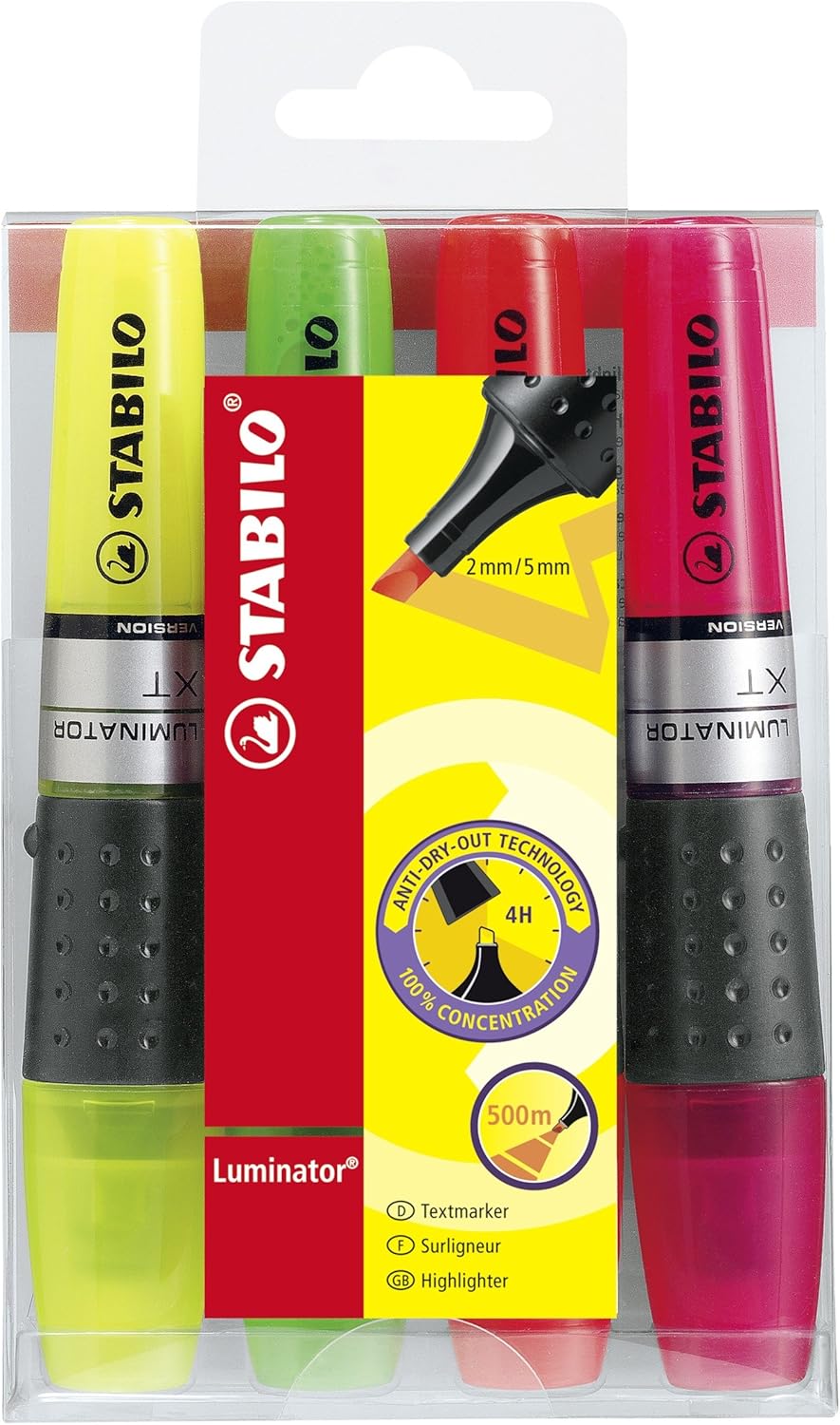 Set of four Stabilo Luminator highlighters in assorted colors, with colorful caps and transparent bodies showing ink levels.