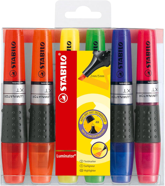 Stabilo Luminator highlighter set with 6 assorted colors in a wallet, featuring bright, easy-to-see ink for highlighting text.