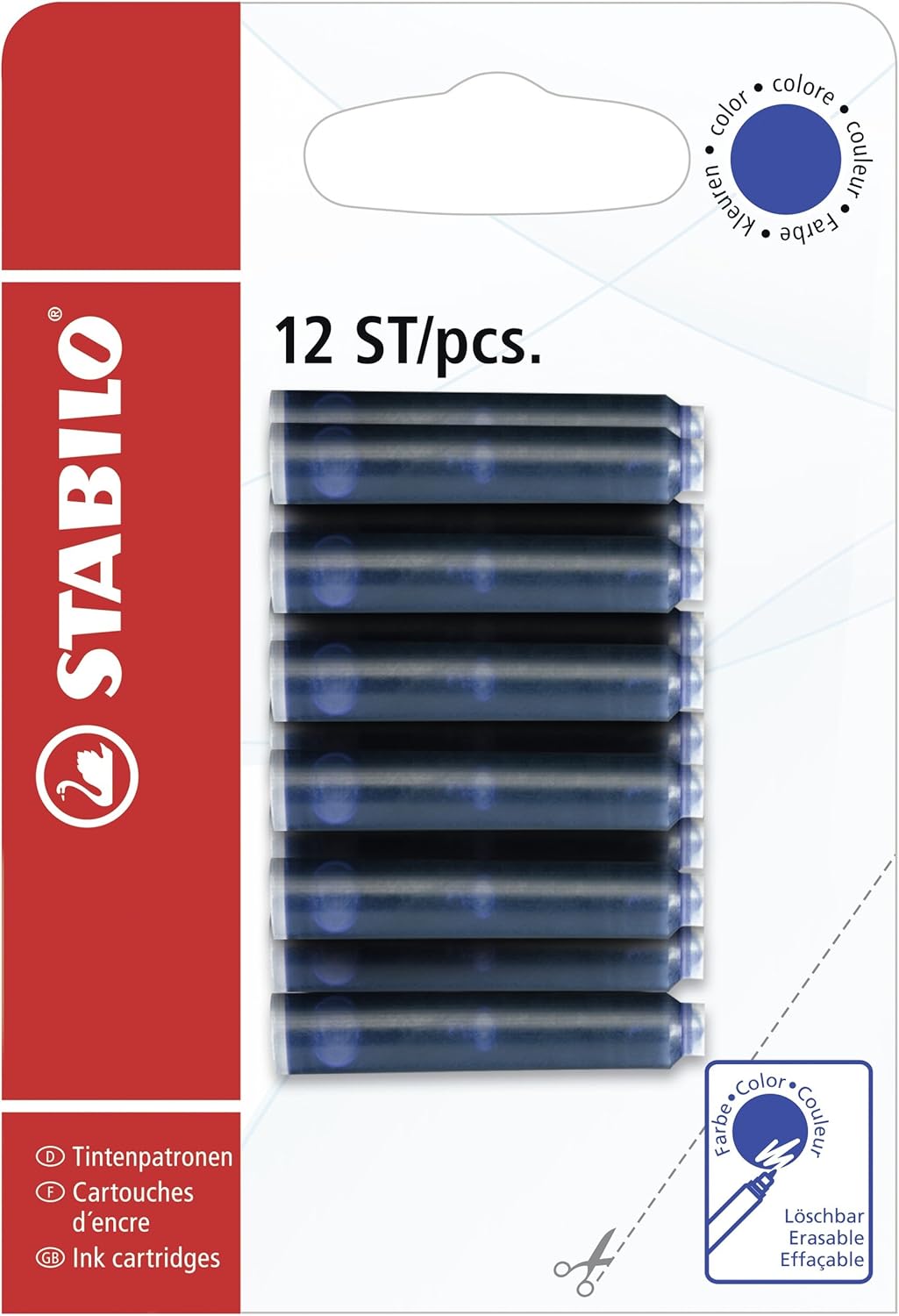 Pack of 12 blue Stabilo ink cartridges for refilling pens, shown with blue ink tips and packaging.