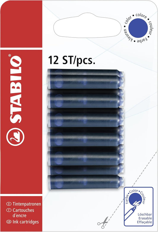 Pack of 12 blue Stabilo ink cartridges for refilling pens, shown with blue ink tips and packaging.