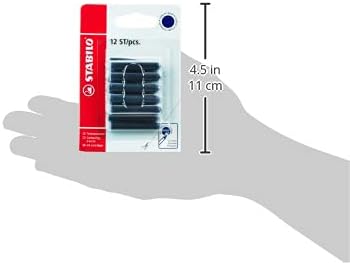 Pack of 12 blue Stabilo ink cartridges refills for pens, showcasing the vibrant blue ink and packaging.