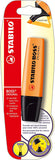 Stabilo Boss Original Orange Highlighter with 2-5mm tip, shown alongside a greeting card, highlighting its vibrant color and refillable design.