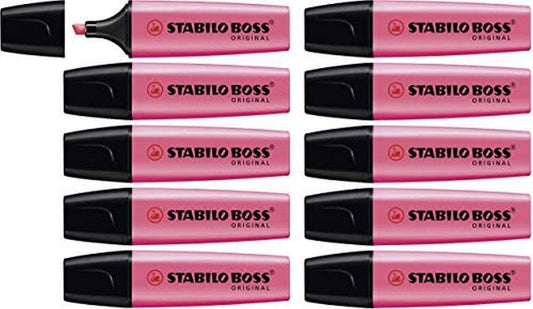 Bright pink Stabilo Boss Original highlighters in a pack of 12, shown with a greeting card for highlighting and decorating purposes.