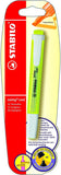 Bright yellow Stabilo Swing Cool highlighter with slim design, displayed on a greeting card for vibrant coloring and writing.