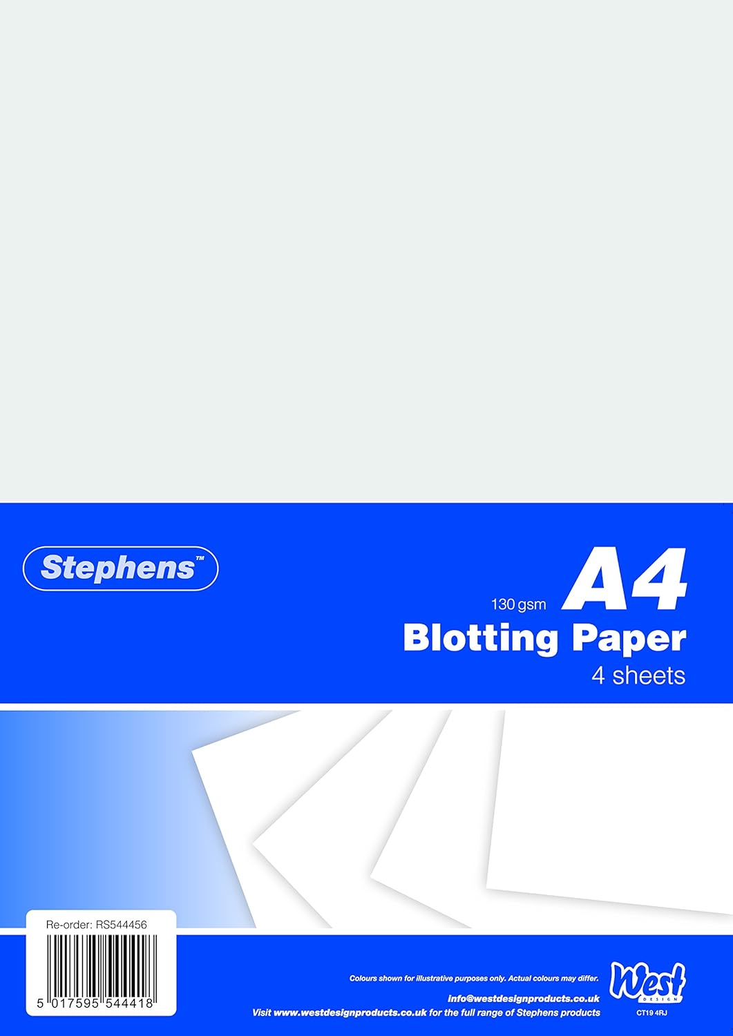 Stephens A4 white blotting paper pack with four sheets, ideal for reducing shine and oil absorption on skin or paper.