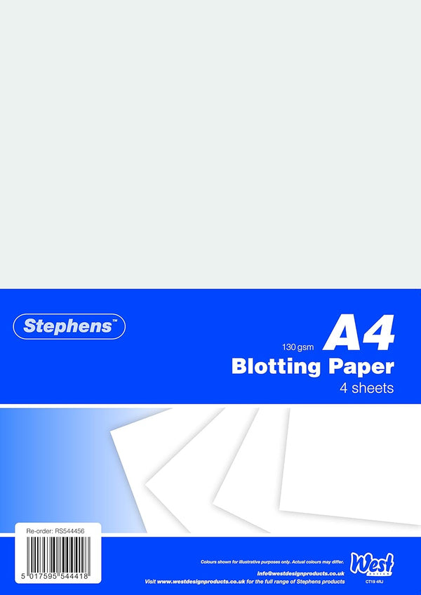 Stephens A4 white blotting paper pack with four sheets, ideal for reducing shine and oil absorption on skin or paper.
