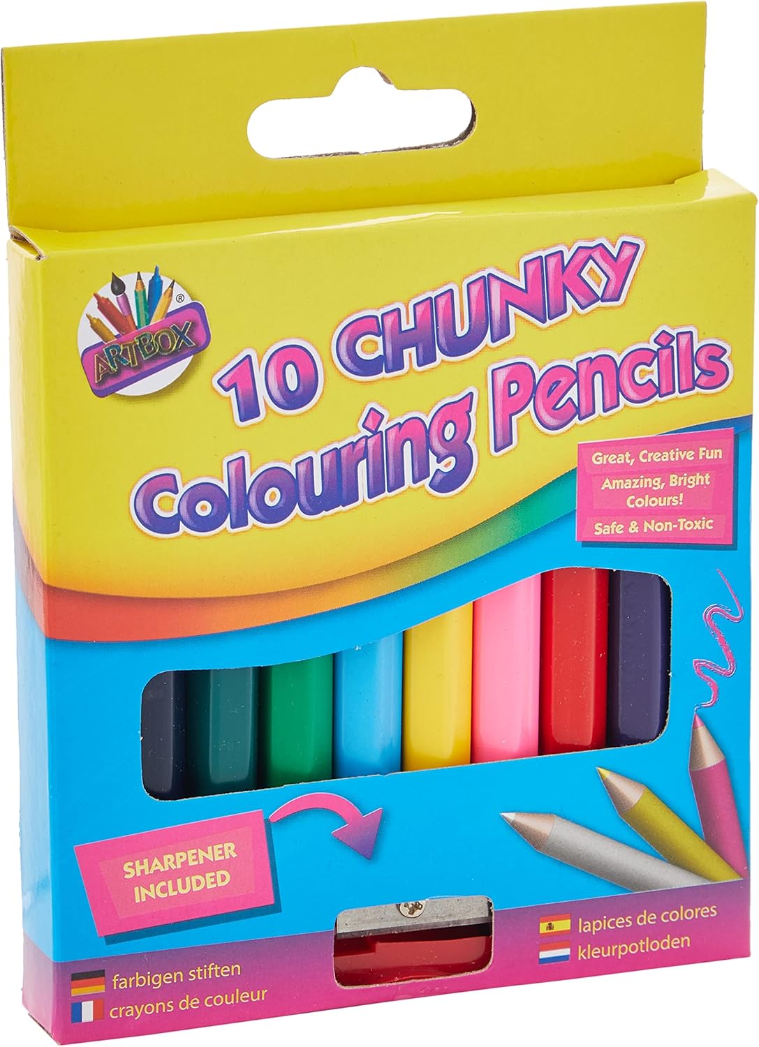 Set of 10 Tallon chunky half-size colored pencils with a sharpener, showing vibrant pencil tips and the sharpened tips in the image.