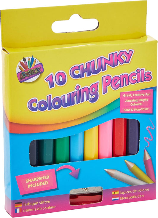 Set of 10 Tallon chunky half-size colored pencils with a sharpener, showing vibrant pencil tips and the sharpened tips in the image.