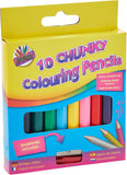 Set of 10 Tallon chunky half-size colored pencils with a sharpener, showing vibrant pencil tips and the sharpened tips in the image.