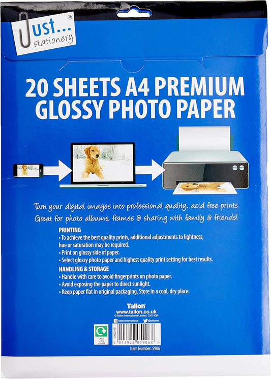 20 sheets of Tallon glossy A4 photo paper, showing smooth, shiny surface ideal for high-quality photo printing.