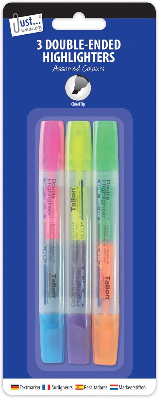 Set of 3 Tallon double-ended highlighters in 6 vibrant colors, featuring chisel and fine tips for versatile marking and highlighting.