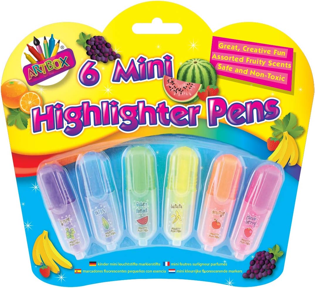 Six Tallon scented mini highlighters in vibrant colors with visible labels and ink tips for highlighting text.
