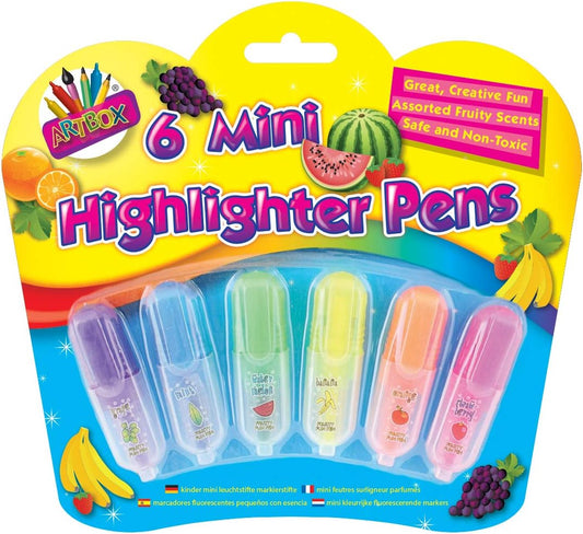 Six Tallon scented mini highlighters in vibrant colors with visible labels and ink tips for highlighting text.