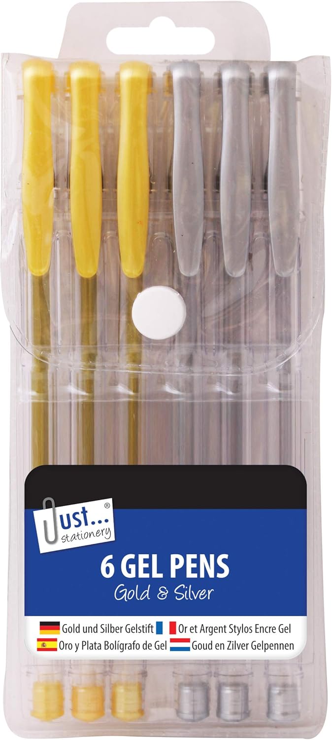 Set of 6 Tallon gel ink pens with silver and gold ink, featuring sleek metallic barrels and fine tips for smooth writing.