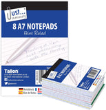 Open Tallon 8 A7 lined notebooks showing ruled paper pages, compact size, perfect for note-taking and journaling.