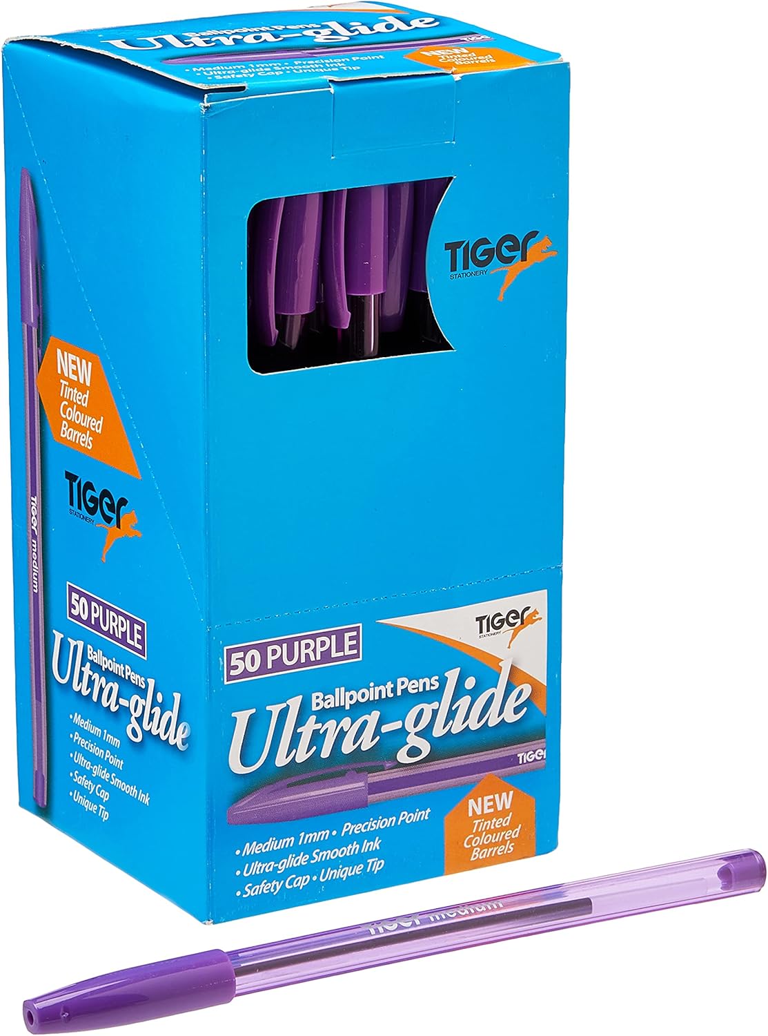 Box of 50 purple Tiger Ultra Glide ballpoint pens showing smooth ink flow and sleek design.