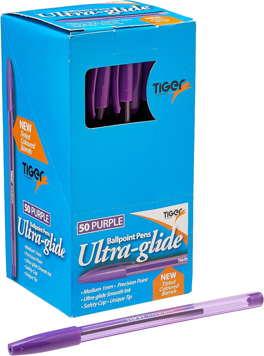 Box of 50 purple Tiger Ultra Glide ballpoint pens showing smooth ink flow and sleek design.