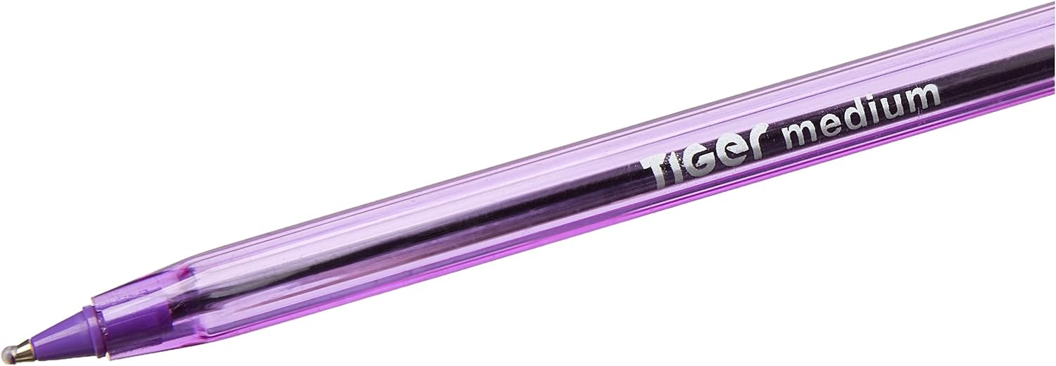 Box of 50 purple Tiger Ultra Glide ballpoint pens with smooth writing tips and ergonomic design.