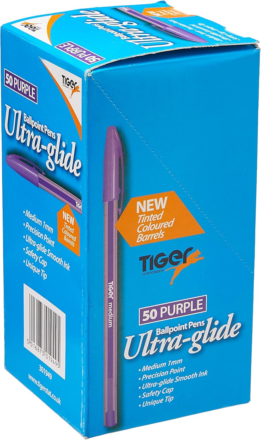 Box of 50 purple Tiger Ultra Glide ballpoint pens displayed with smooth ink barrels and retractable tips.