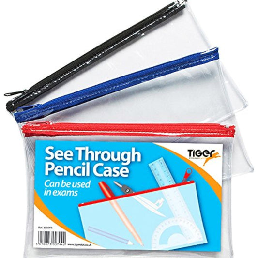 Large 13x5-inch flat clear assorted pencil cases by Tiger, showing multiple transparent cases with colorful contents inside.