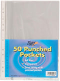 Pack of 50 Tiger A4 punched plastic document pockets with punched holes for organization and filing.