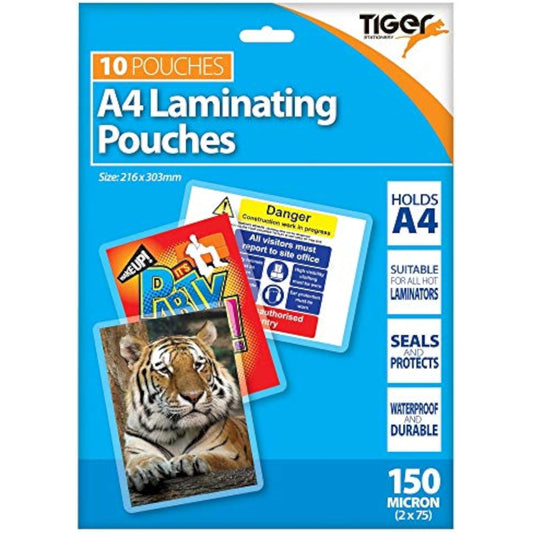 Tiger A4 laminating pouches, 150 microns, pack of 10, showing clear, glossy plastic sheets suitable for document lamination.