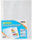 Set of 20 Tiger A5 strong transparent poly punched pockets for documents and storage, showing clear, durable sleeves for organization.