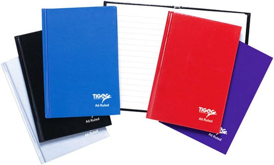Tiger A6 hardcover notebook with 80 feint ruled pages, compact size, and sturdy binding for note-taking and writing.