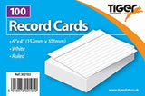 Set of 100 white 6x4-inch ruled record cards from Tiger stationery brand, ideal for notes and organizing information.