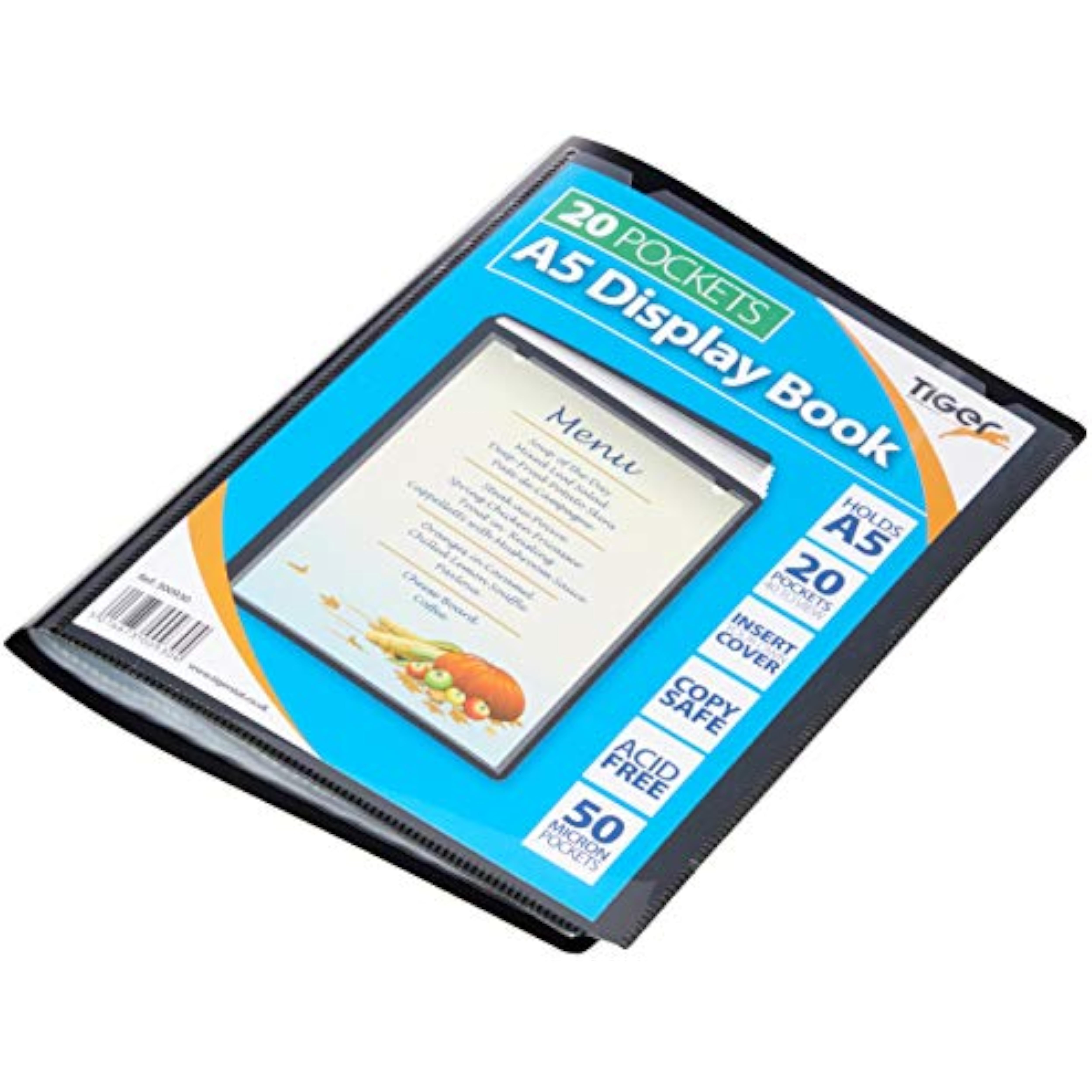 Tiger durable A5 presentation book with 20 clear pockets for organizing documents and stationery storage.