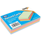 Pack of 100 multicoloured 5x3" ruled record cards by Tiger, ideal for organization and note-taking in stationery supplies.