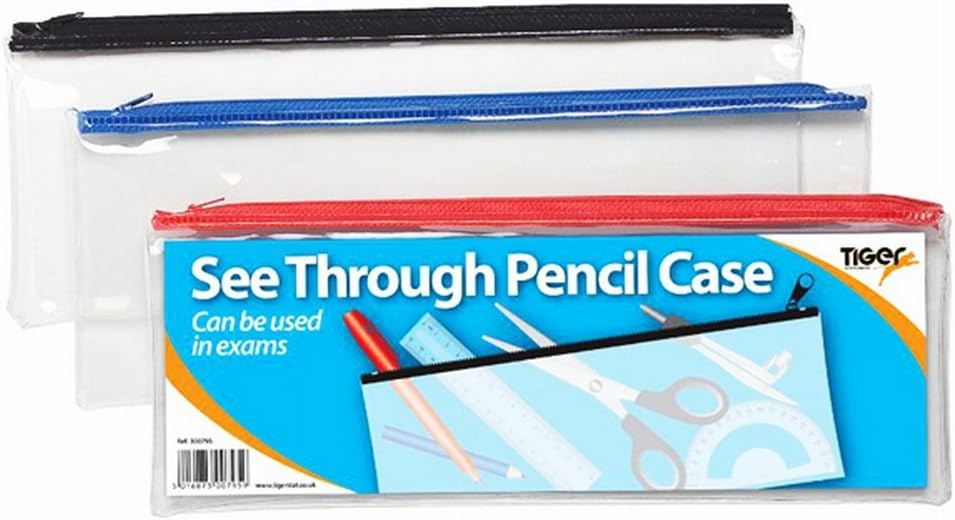 Small flat clear exam pencil case by Tiger, 8x5 inches with assorted zipper colors, ideal for stationery storage.