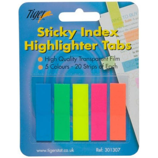 Tiger Sticky Index Highlighter Tabs in 5 colors, 100-pack, featuring small, colorful adhesive tabs for organizing and marking documents.