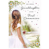 Special Granddaughter 'First Communion' Card - Lovely Design with Daisies and Girl Carrying Cross - Foil Finish - for Her - The Essence Range