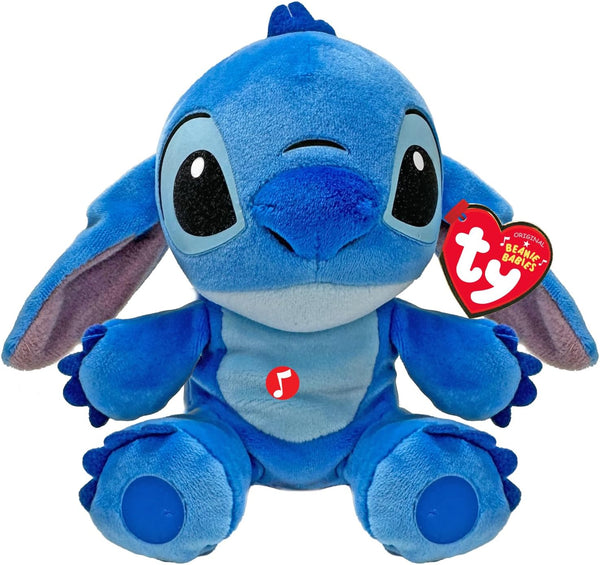 Soft Disney Stitch plush toy by Ty featuring detailed embroidery and vibrant blue fur, perfect for Disney fans and collectors.