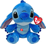Soft Disney Stitch plush toy by Ty featuring detailed embroidery and vibrant blue fur, perfect for Disney fans and collectors.
