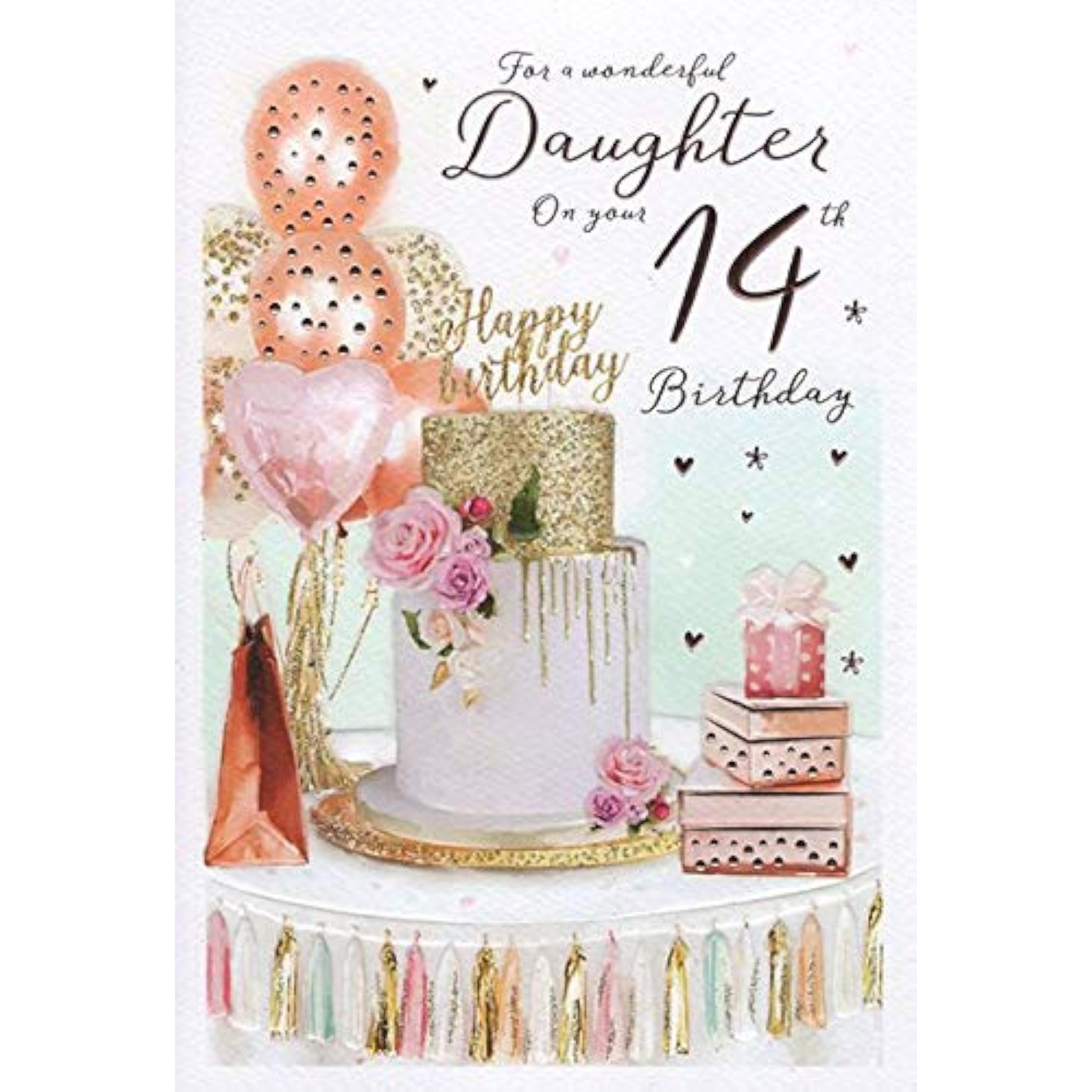 Wonderful Daughter 14th Birthday Card Birthday Cake - Foil and Flitter Finish