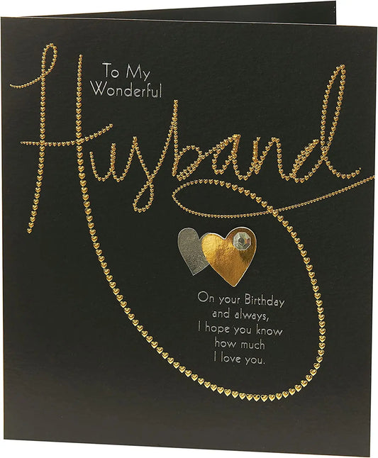 Golden heart birthday card for husband from UK Greetings with sentimental verse and romantic design.
