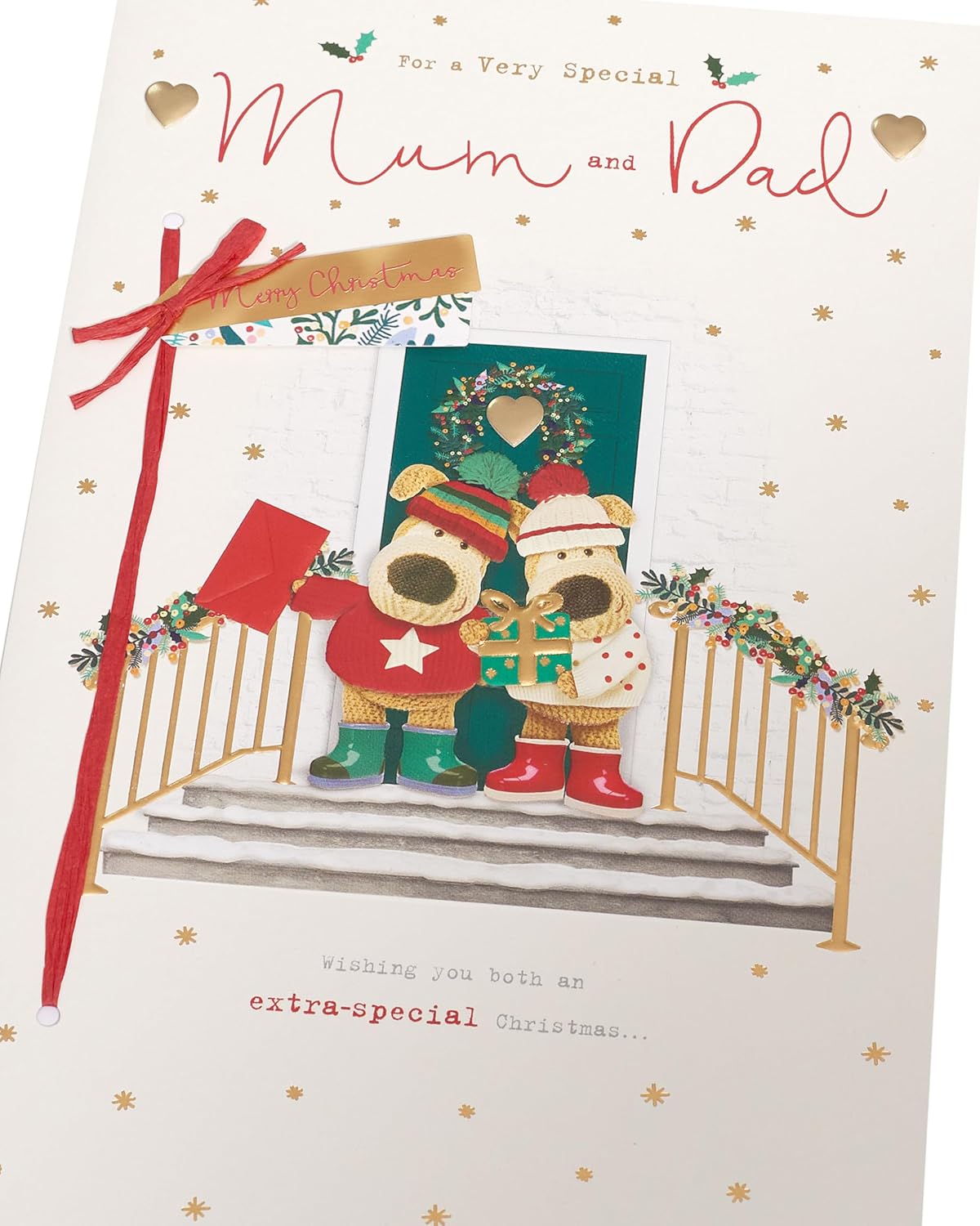 Christmas greeting card featuring Boofle gold foil design for mum and dad, with festive holiday imagery from UK Greetings.